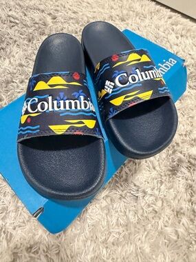 Columbia Navy Slides with Yellow & Blue Tropical Accents